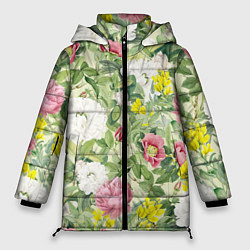 Куртка зимняя женская Цветы Белые и Розовые Пионы, цвет: 3D-светло-серый