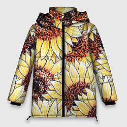 Куртка зимняя женская Подсолнухи рисунок паттерн, цвет: 3D-черный