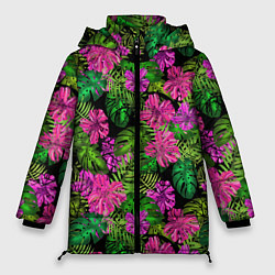 Куртка зимняя женская Тропические листья и цветы на черном фоне, цвет: 3D-светло-серый