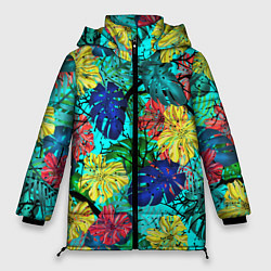 Куртка зимняя женская Тропические растения на бирюзовом фоне, цвет: 3D-светло-серый