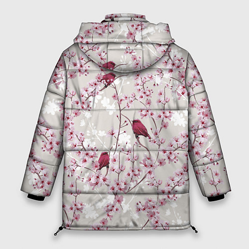Женская зимняя куртка Цветы Сакуры и Птицы / 3D-Красный – фото 2
