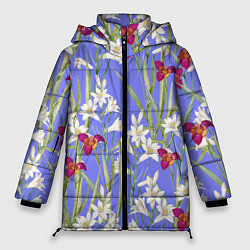 Женская зимняя куртка Цветы Белые Лилии и Красные Тигридии