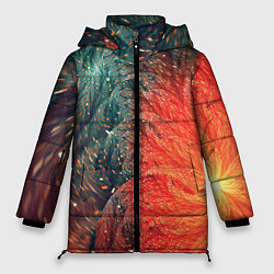 Куртка зимняя женская Зеленые и оранжевые завихрения, цвет: 3D-красный