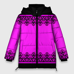 Женская зимняя куртка Черное кружево на неоновом розовом фоне