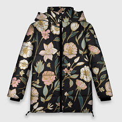 Куртка зимняя женская Цветы Астры На Чёрном Фоне, цвет: 3D-черный