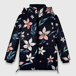 Женская зимняя куртка Цветы Нарисованные Акварелью На Чёрном Фоне