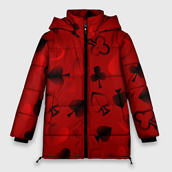Куртка зимняя женская Карты карточные масти на красном фоне, цвет: 3D-светло-серый