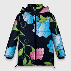 Куртка зимняя женская Яркие удивительные цветы в летней ночи, цвет: 3D-черный