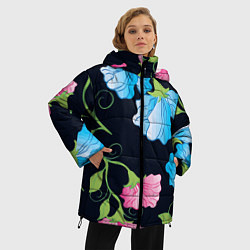 Куртка зимняя женская Яркие удивительные цветы в летней ночи, цвет: 3D-черный — фото 2