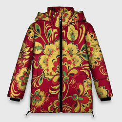 Куртка зимняя женская Хохломская Роспись Цветы На красном Фоне, цвет: 3D-светло-серый