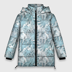 Куртка зимняя женская Голубые листья пальмы на белом, цвет: 3D-черный