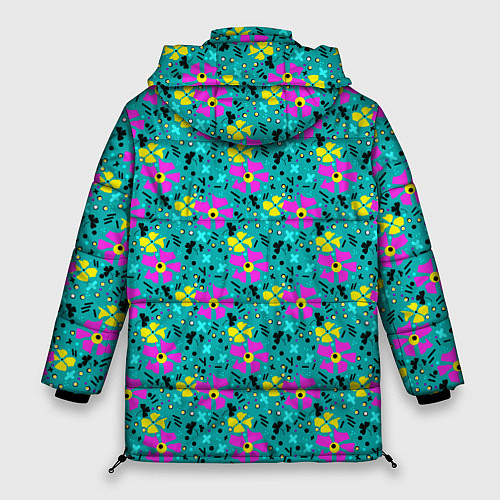 Женская зимняя куртка Яркий цветочный узор на бирюзовом фоне / 3D-Светло-серый – фото 2