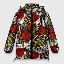 Куртка зимняя женская Мафия - кастеты, гранаты, пистолеты и розы, цвет: 3D-красный