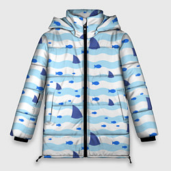 Куртка зимняя женская Волны, рыбки и плавники акул - паттерн, цвет: 3D-красный