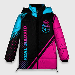 Женская зимняя куртка Real Madrid - neon gradient: символ и надпись верт
