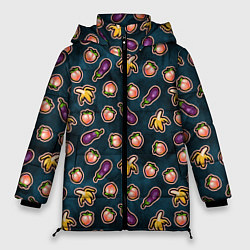 Куртка зимняя женская Баклажаны персики бананы паттерн, цвет: 3D-красный