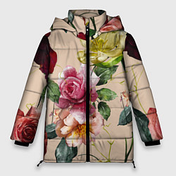 Куртка зимняя женская Цветы Нарисованные Красные Розы и Лилии, цвет: 3D-черный