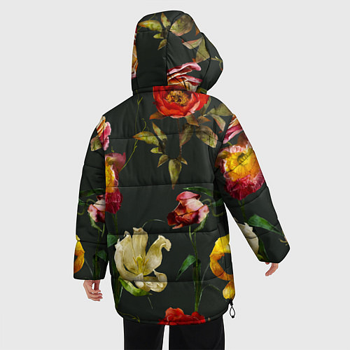 Женская зимняя куртка Цветы Нарисованные Красные Розы и Лилии На Коричне / 3D-Черный – фото 4