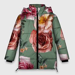 Куртка зимняя женская Цветы Нарисованные Розы и Пионы, цвет: 3D-черный