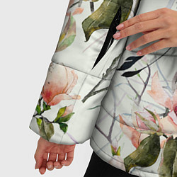 Куртка зимняя женская Цветы Нарисованные Магнолии и Птицы, цвет: 3D-черный — фото 2