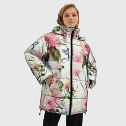 Куртка зимняя женская Цветы Нарисованные Магнолии и Разноцветные Птицы, цвет: 3D-красный — фото 2