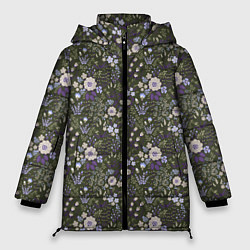 Куртка зимняя женская Цветочки хаки, мелкий рисунок, цвет: 3D-светло-серый
