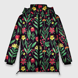 Куртка зимняя женская Цветочный акварельный паттерн, цвет: 3D-красный