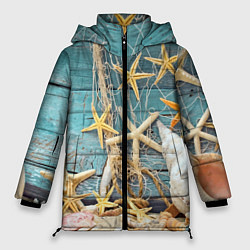 Куртка зимняя женская Натюрморт из сети, морских звёзд и ракушек - лето, цвет: 3D-черный
