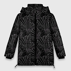 Куртка зимняя женская Белые контуры тропических листьев на черном, цвет: 3D-черный
