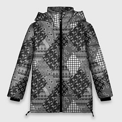 Куртка зимняя женская Black and White Ethnic Patchwork Pattern, цвет: 3D-красный