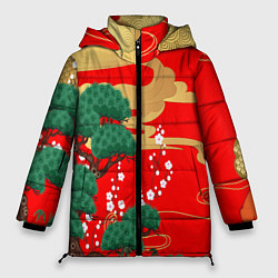 Женская зимняя куртка Японский пейзаж на красном