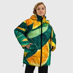 Куртка зимняя женская Листья монстеры и дольки апельсинов, цвет: 3D-черный — фото 2