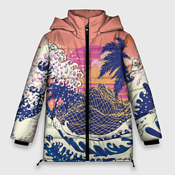 Куртка зимняя женская Ретро дизайн большие волны, пальмы и абстрактные г, цвет: 3D-красный