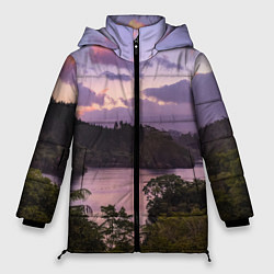 Куртка зимняя женская Пейзаж вечерней реки и леса, цвет: 3D-черный