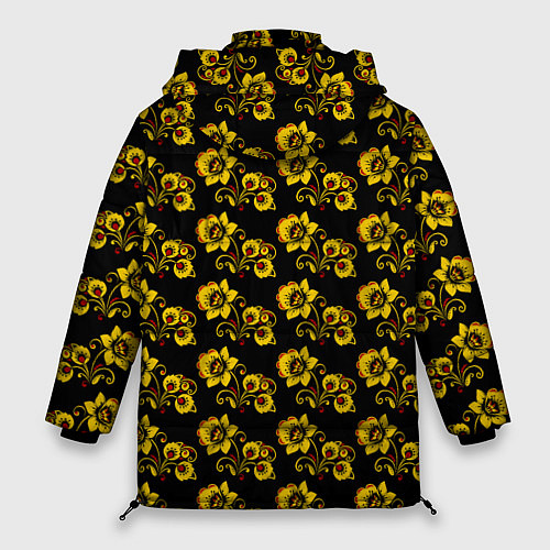 Женская зимняя куртка Хохломская роспись цветы на чёрном фоне / 3D-Красный – фото 2
