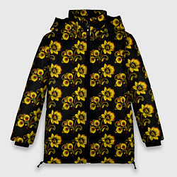 Куртка зимняя женская Хохломская роспись цветы на чёрном фоне, цвет: 3D-красный