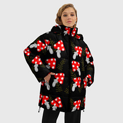 Куртка зимняя женская Мухоморы на черном фоне, цвет: 3D-красный — фото 2