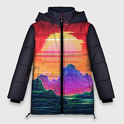 Куртка зимняя женская Синтвейв неоновые горы на закате, цвет: 3D-черный