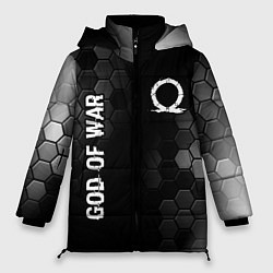 Женская зимняя куртка God of War glitch на темном фоне: надпись, символ