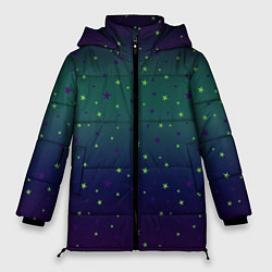 Куртка зимняя женская Неоновые зеленые и сиреневые звезды на темно зелен, цвет: 3D-черный