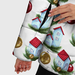 Куртка зимняя женская Новогодние домики на белом - паттерн, цвет: 3D-черный — фото 2