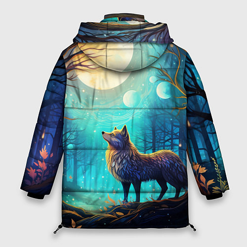Женская зимняя куртка Волк в ночном лесу в folk art стиле / 3D-Красный – фото 2