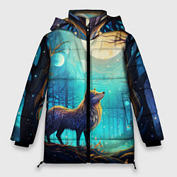 Женская зимняя куртка Волк в ночном лесу в folk art стиле