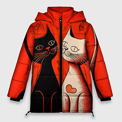 Куртка зимняя женская Влюблённые кошки на красном фоне, цвет: 3D-светло-серый