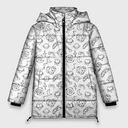Куртка зимняя женская Дудлы с темой любви и космоса, цвет: 3D-светло-серый