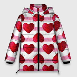 Куртка зимняя женская Сердечки и полоски - паттерн на день святого вален, цвет: 3D-красный