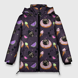 Куртка зимняя женская Паттерн с мопсами и едой, цвет: 3D-светло-серый