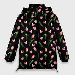 Куртка зимняя женская Тюльпаны и сердечки на черном - паттерн, цвет: 3D-черный