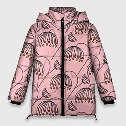 Куртка зимняя женская Цветы в стиле бохо на пудрово-розовом фоне, цвет: 3D-черный