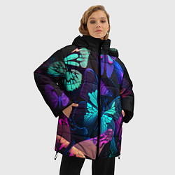 Куртка зимняя женская Много неоновых бабочек, цвет: 3D-черный — фото 2
